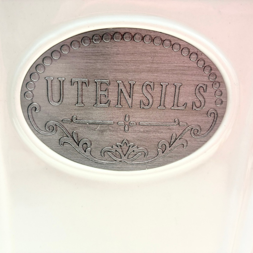 THL Ceramic Utensil Holder White Square Beaded Farmhouse Crock Silver Label - Picture 3 of 7